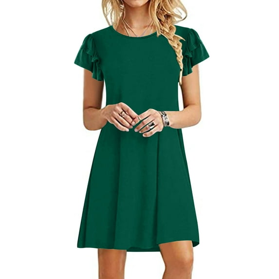 Sevevn Women's Mini Dresses Summer Casual Ruffle Short Sleeve Cute Round Neck Flowy Dress With Pockets