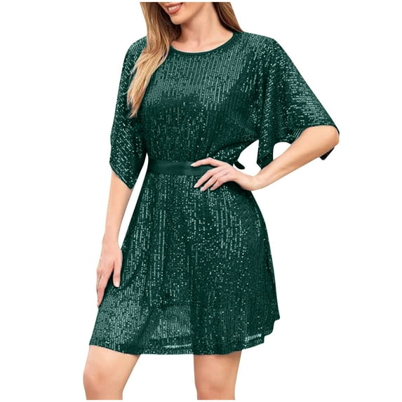 Sevevn Women's Sequin Loose Fitting Dress With Split Sleeves Casual Loose Mini Short Dress Short Sleeved Round Neck Dress