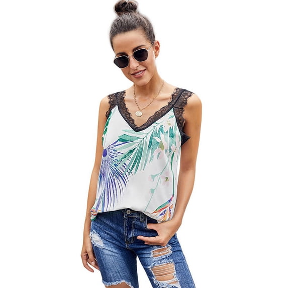 Sleeveless Tops For Women,Sleeveless Printed Top With A Loose Pullover And A Small Lace Camisole