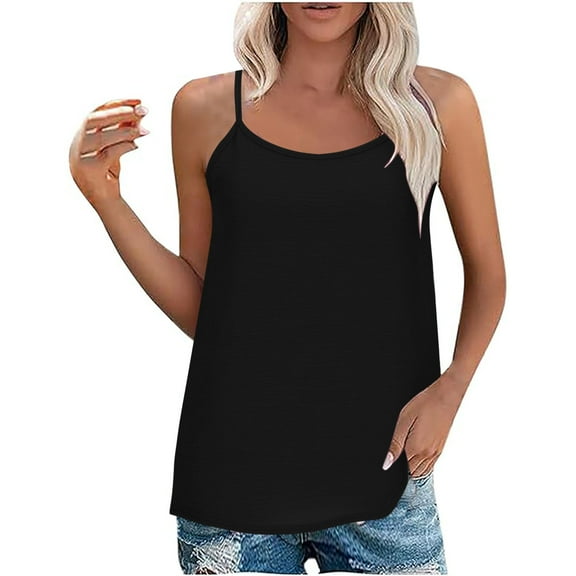 Sleeveless Tops For Women Spaghetti Strap Loose Summer Solid Color Tops Round Neck Casual Adjustable Scoop Neck Camisole