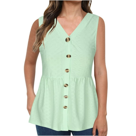 Sleeveless Tops for Women Slim Fit Casual Henley V Neck Sleeveless Tunic Tops Trendy Solid Color Office Work Blouses Summer Button Down Vests Camisole Babydoll Peplum Tops