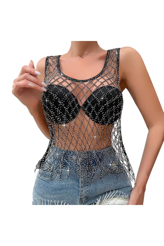 Sleeveless Tops for Women Women's Black Fishnet Crop Top Cut Out Detail Versatile Layering Piece For Edgy Tie Business Dress Women Crop Top Tops for Women Bulk Tops Women Cute Summer Bodysuits Women