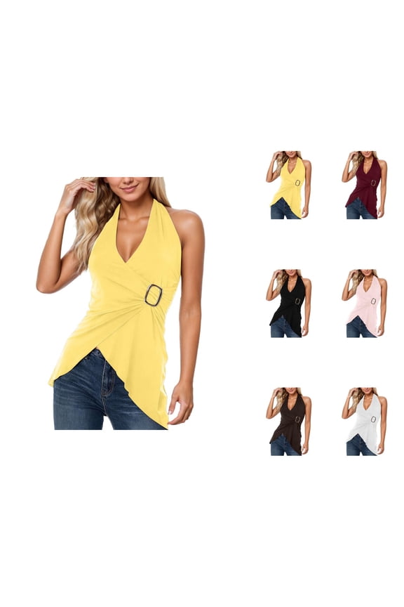 Sleeveless Tops for Women 2026 Summer Deep V Neck Halter Wrap Shirt Asymmetrical Hem Dressy Casual Tshirt Going out Tops