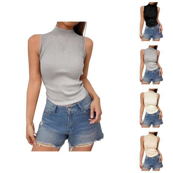 Sleeveless Tops for Women 2026 Summer Neck Ribbed Slim Fit Basic Plain Tank Top Undershirts