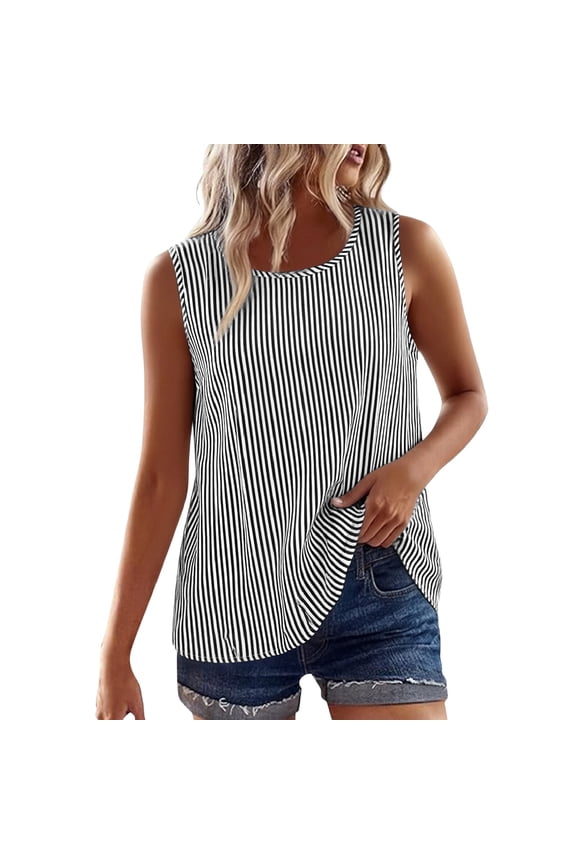 Sleeveless Tops for Women Cotton Linen Striped Tank Top Plus Size Casual Summer Beach Tee Shirts Lightweight (2XL, Black)