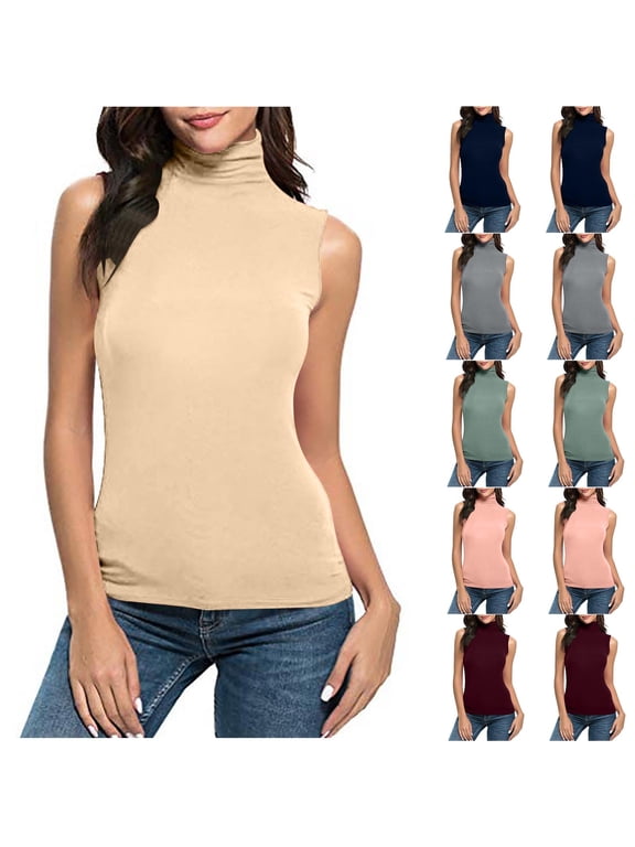 Sleeveless Tops for Women Fashion Casual Solid Color Sleeveless Turtleneck Tee Shirt Blouses,5XL,Beige,Women's Tops