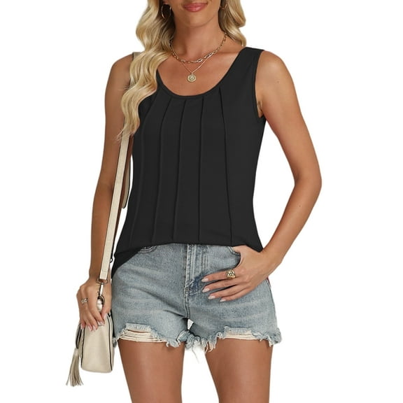 Sleeveless Tops for Women Summer Scoop Neck Pleated Causal Flowy Cute T Shirts Black M