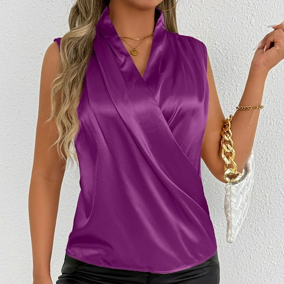 Sleeveless Tops for Women Summer Solid Color V-Neck Shirts Leisure Loose Fit Sleeveless Standard Straps Pleated Tops