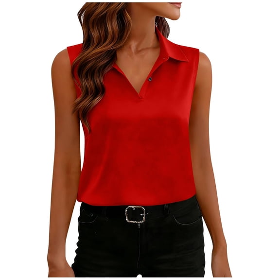 Sleeveless Tops for Women Summer Trendy Silk Satin Lapel Collared Shirt Dressy Casual Tank Top V Neck Blouses (XL, Red)