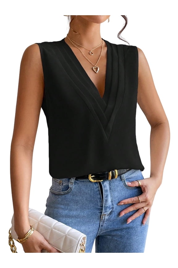 Sleeveless Tops for Women Summer Triple V-Neck T Shirts Business Office Blouse Black S