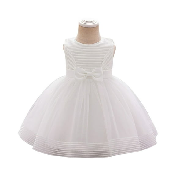 Sleeveless Tulle Flower Girl Dress with Bow Elegant Party Wedding Birthday Formal Princess Gown for Toddlers Kids