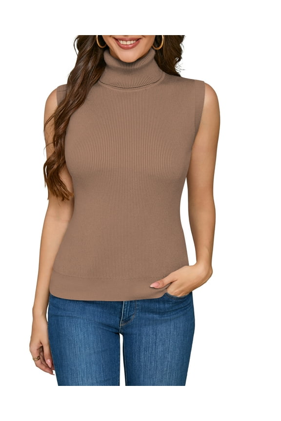 Lightweight Knit Sleeveless Shell Top for Women Turtleneck Neckline Camel L