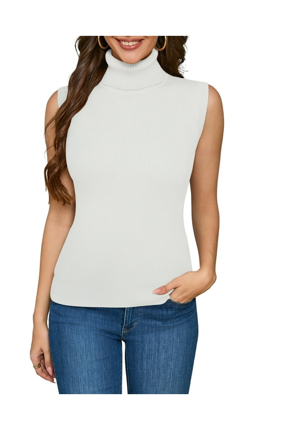 Women's Sleeveless Turtleneck Top Lightweight Knit Tank White L