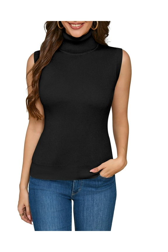 Women's Knit Turtleneck Tank Top Sleeveless Lightweight Comfort Stretch Black L