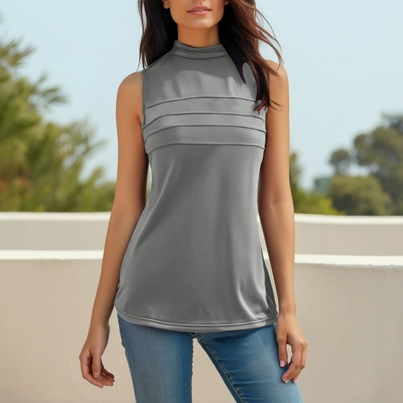 Sleeveless Turtlenecks for Women Solid Color Pleated Basic Tank Tops Slim Fit Stretchy Layer Tee Shirts