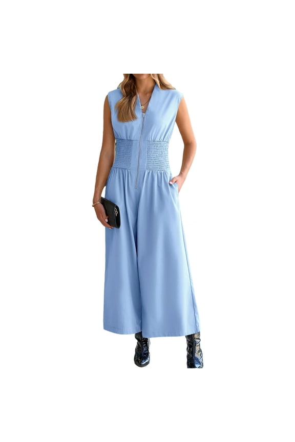 Sleeveless V Neck Solid Women Wide Leg Loose Long Zipper Jumpsuit