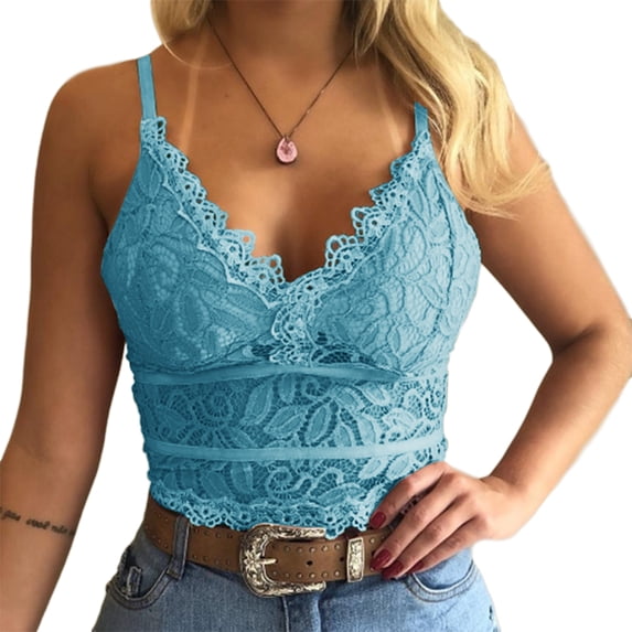 Sleeveless V-Neck Spaghetti Straps Push Up Crop Top Lace Bra Tank Tops