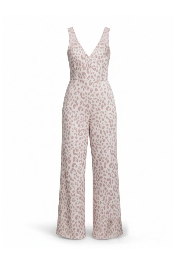 Sleeveless V-Neck Stretch Knit Wide Leg Jumpsuit with Soft Lilac Leopard Print and Pockets Summer One Piece Romper Pantsuit for Vacation