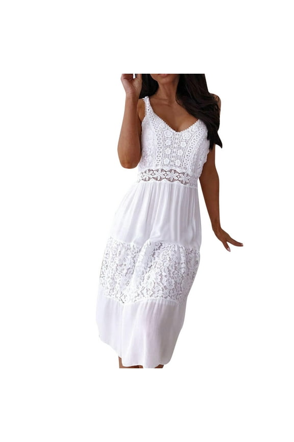 Sleeveless V Neck White Lace Dress Women Summer Casual Midi Beach Sundress S-XXL