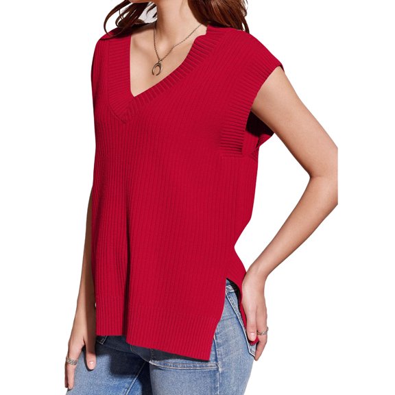 Sleeveless V Neck Women Sweater Vest Oversized Ribbed Knit Casual Loose Fit Pullover Tank Top