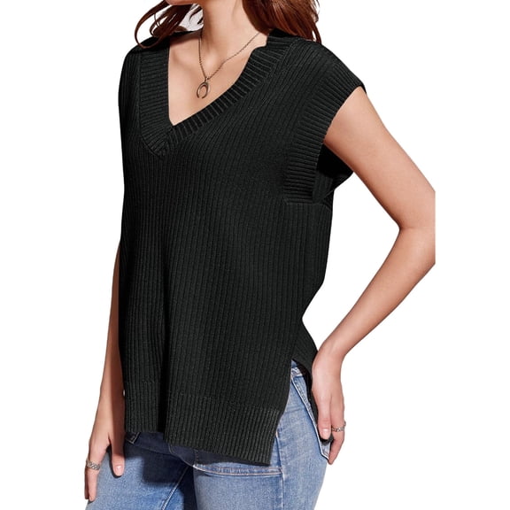 Sleeveless V Neck Women Sweater Vest Oversized Ribbed Knit Casual Loose Fit Pullover Tank Top