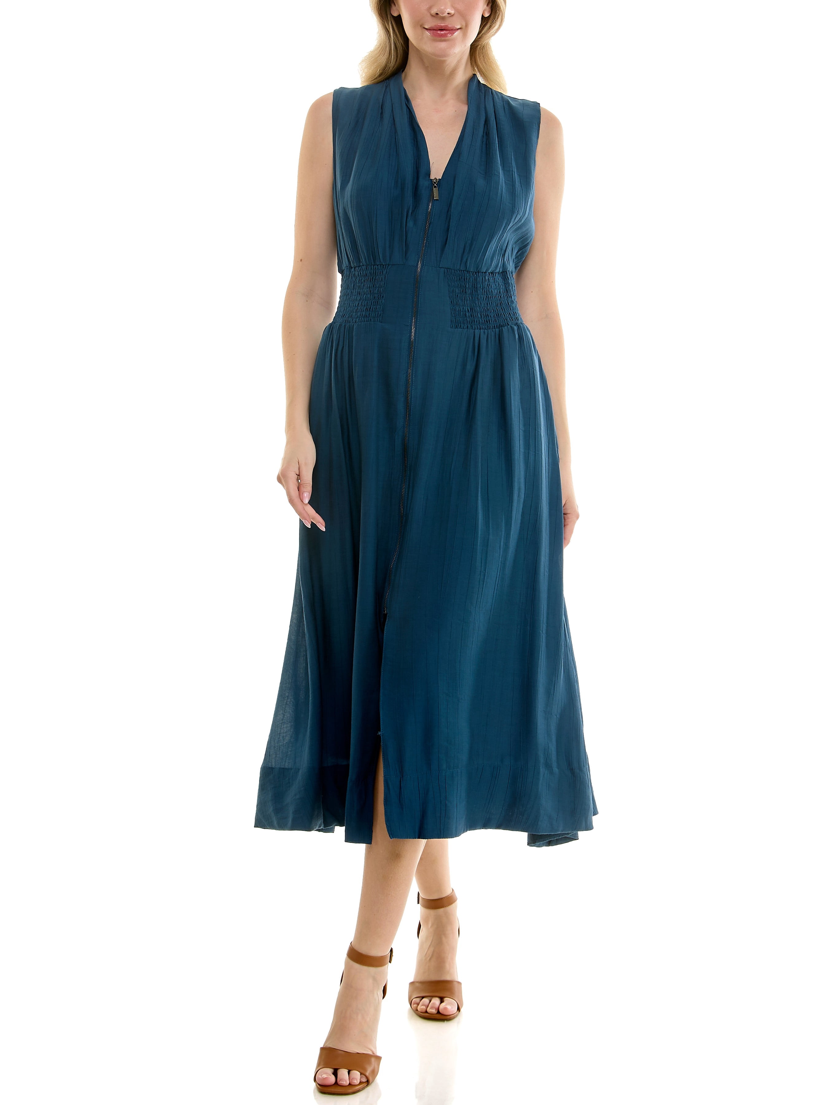 Sleeveless, V-Neck, smocked empire waist, zip front, fit & flare, midi dress in soft crinkle fabric,S-XL