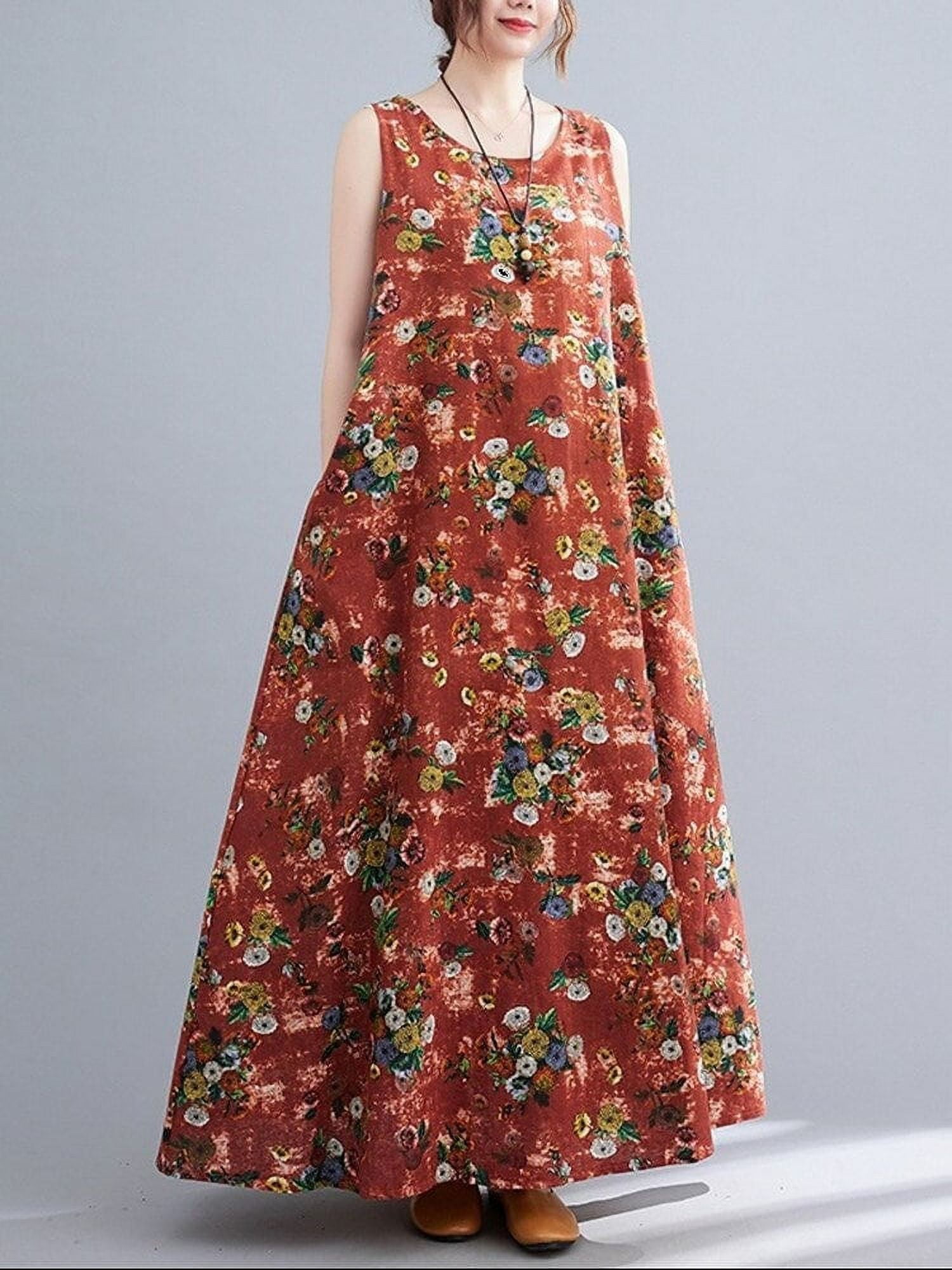 Sleeveless Vintage Floral Maxi Dress - Cotton Linen, Casual Loose Fit ...