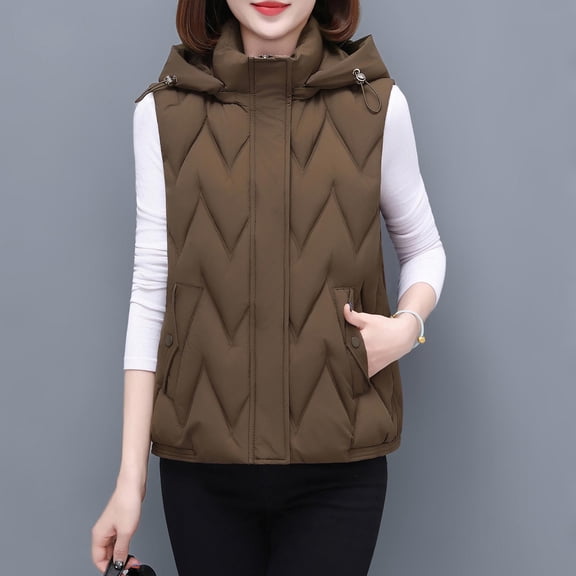 Sleeveless Winter Jackets for Women Quilted Vest Zip Button Hooded Outerwear Jackets Warm Padded Gilet Coats with Pockets Coffee L