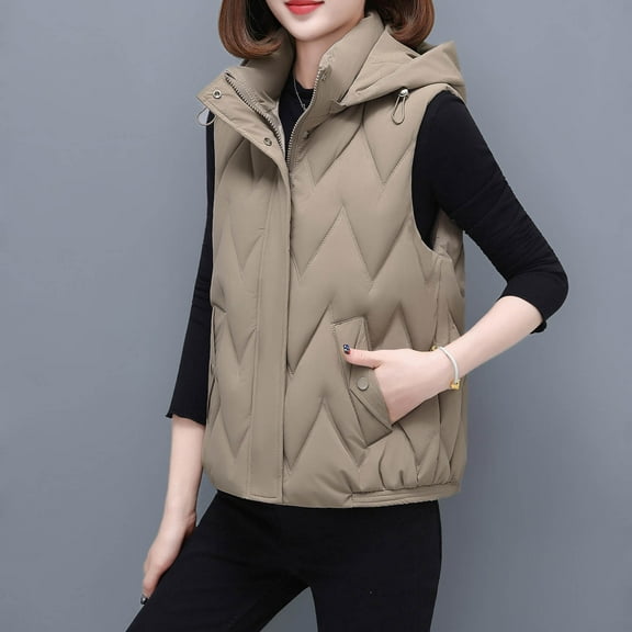 Sleeveless Winter Jackets for Women Quilted Vest Zip Button Hooded Outerwear Jackets Warm Padded Gilet Coats with Pockets Khaki M