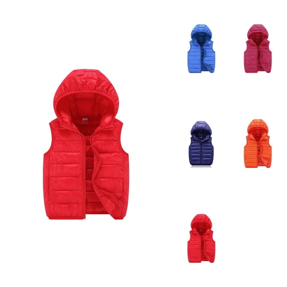 Sleeveless Winter Puffer Vest, Hooded Quilted Down Jacket, Solid Color, Toddler-Child Sizes