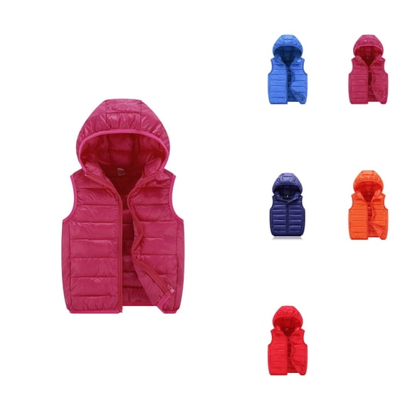 Sleeveless Winter Puffer Vest, Hooded Quilted Down Jacket, Solid Color, Toddler-Child Sizes
