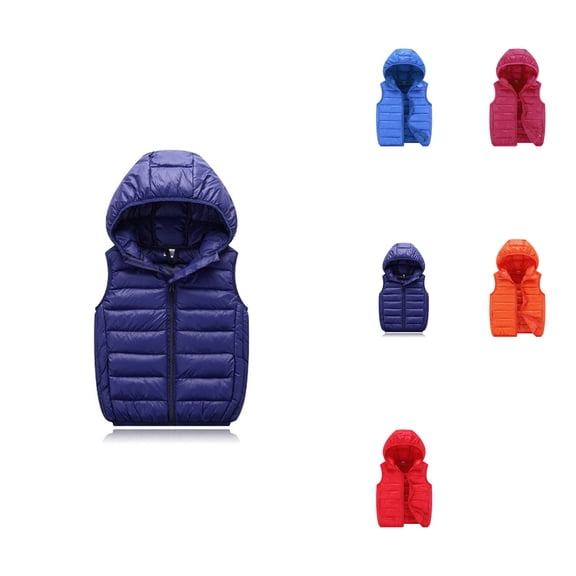 Sleeveless Winter Puffer Vest, Hooded Quilted Down Jacket, Solid Color, Toddler-Child Sizes