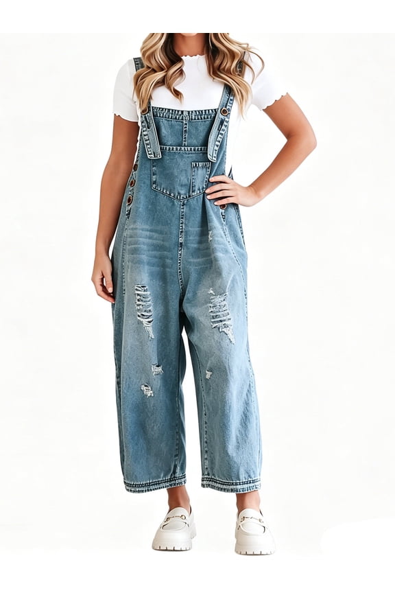 Sleeveless Women Casual Denim Jumpsuit Loose Wide Leg Jeans Oversall Bib Pants