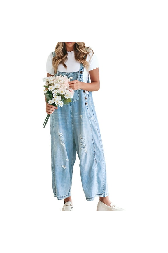 Sleeveless Women Casual Denim Jumpsuit Loose Wide Leg Jeans Oversall Bib Pants