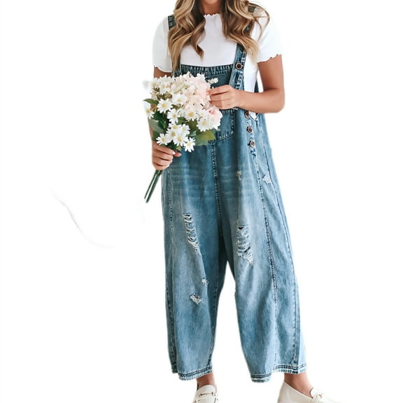 Sleeveless Women Casual Denim Jumpsuit Loose Wide Leg Jeans Oversall Bib Pants