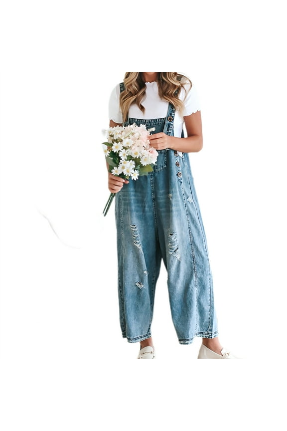 Sleeveless Women Casual Denim Jumpsuit Loose Wide Leg Jeans Oversall Bib Pants
