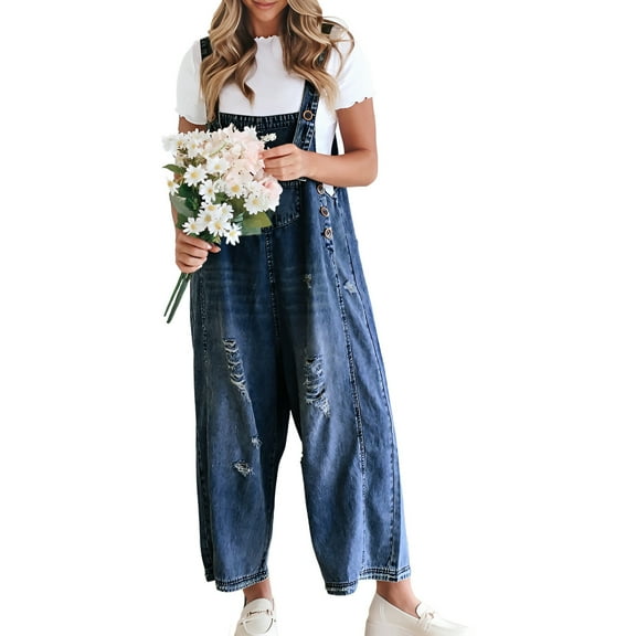 Sleeveless Women Casual Denim Jumpsuit Loose Wide Leg Jeans Oversall Bib Pants