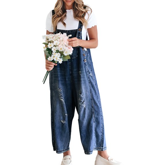 Sleeveless Women Casual Denim Jumpsuit Loose Wide Leg Jeans Oversall Bib Pants