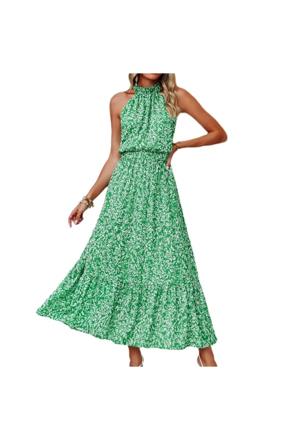 Sleeveless Women Halter Floral Boho Sun Vacation Long Maxi Summer Dresses