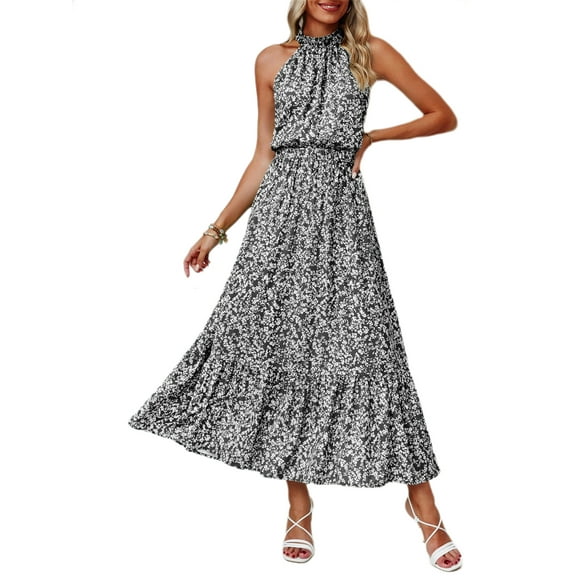 Sleeveless Women Halter Floral Boho Sun Vacation Long Maxi Summer Dresses