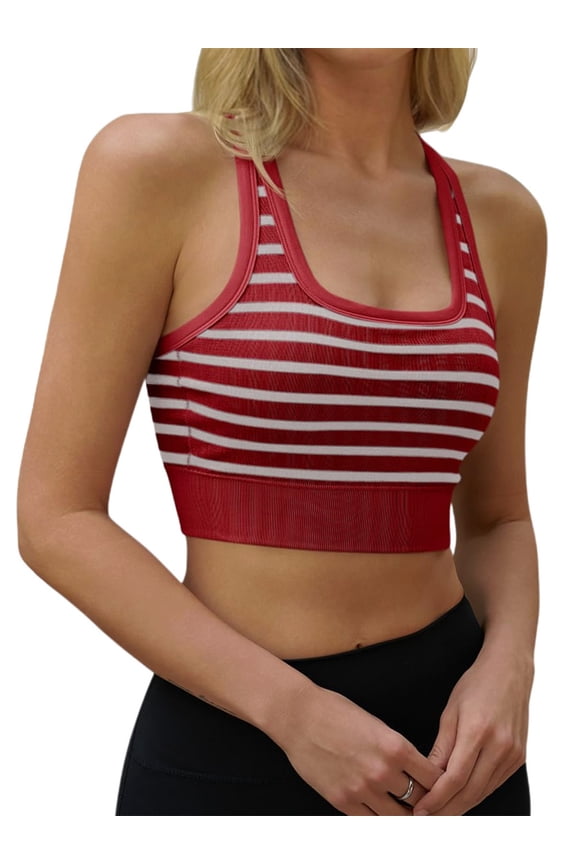 Sleeveless Women Slim Fit Striped Print Racerback Ribbed Sport Yoga Bras
