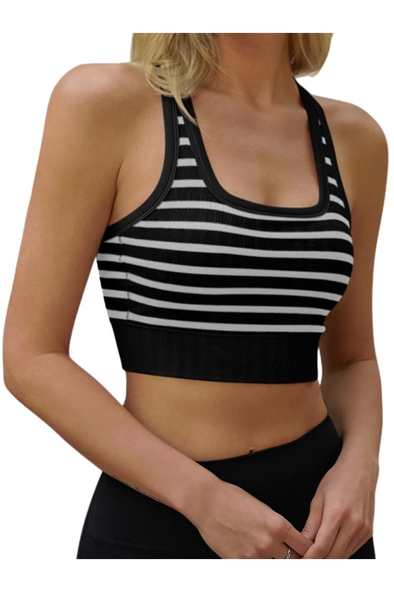 Sleeveless Women Slim Fit Striped Print Racerback Ribbed Sport Yoga Bras