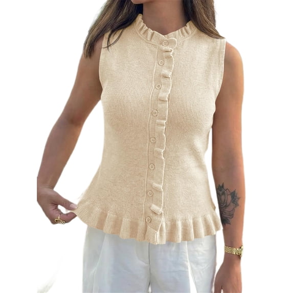 Sleeveless Women Solid Button Down Ruffle Knit Vest Peplum Tops
