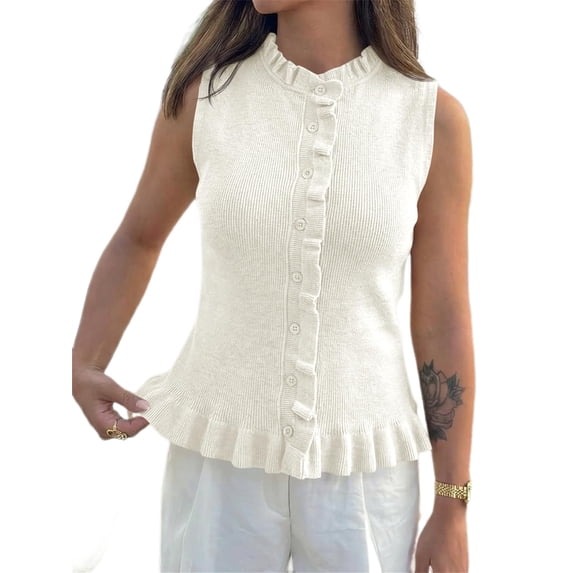 Sleeveless Women Solid Button Down Ruffle Knit Vest Peplum Tops