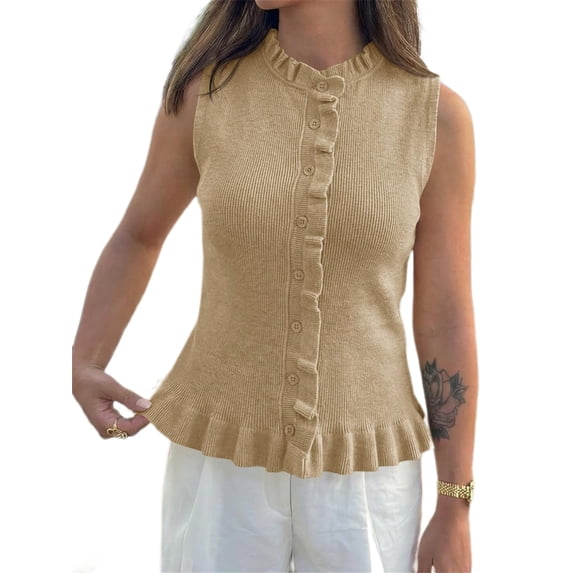 Sleeveless Women Solid Button Down Ruffle Knit Vest Peplum Tops