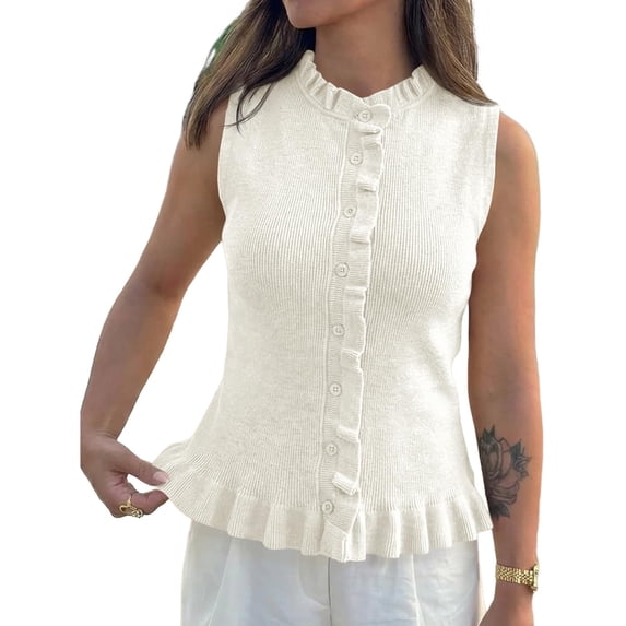 Sleeveless Women Solid Button Down Ruffle Knit Vest Peplum Tops