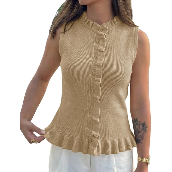 Sleeveless Women Solid Button Down Ruffle Knit Vest Peplum Tops