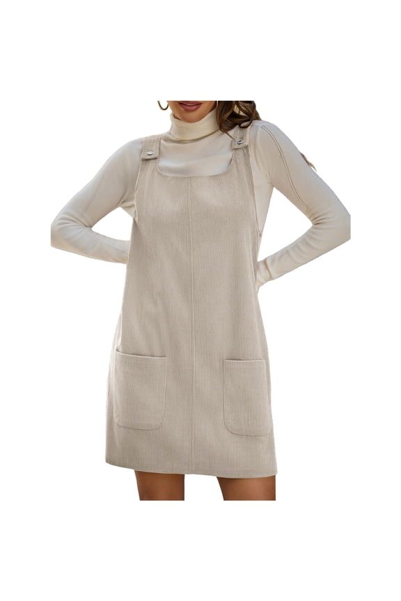 Sleeveless Women Square Neckline Solid Corduroy Mini Overall Dress with Pocket
