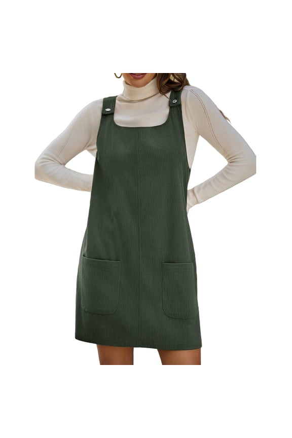 Sleeveless Women Square Neckline Solid Corduroy Mini Overall Dress with Pocket