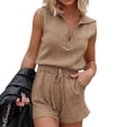 thumbnail image 1 of Sleeveless Women's Casual Shorts Rompers Summer Half Zip Lapel Collar Drawstring Knit One Piece Jumpsuit with Pockets, 1 of 6